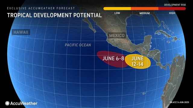 A forecast from AccuWeather shows the potential timeline for development of two systems in the Eastern Pacific.