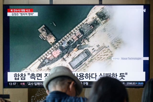A North Korean warship, seen here before the accident, has been righted after a botched launch  at the harbor last month crushed sections of the underside