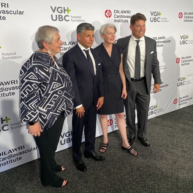  From the left, Vivian Eliopoulos, President and CEO of Vancouver Coastal Health, Ajay Dilawri, co-founder of the Dilawri Foundation, Angela Chapman President and CEO of the VGH and UBC Hospital Foundation, and Dr. David Wood, head of cardiology at Vancouver General Hospital and the University of British Columbia Hospital, pose for a picture at an event unveiling a $60 million donation by the Dilawri Foundation for a new cardiovascular health institute and a research innovation fund in Vancouver on Thursday, June 5, 2025.