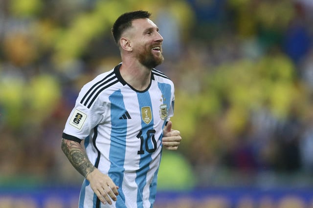 Argentina&#39;s forward Lionel Messi celebrates at the end of the 2026 FIFA World Cup South American qualification football match between Brazil and Argentina at Maracana Stadium in Rio de Janeiro, Brazil, on November 21, 2023.