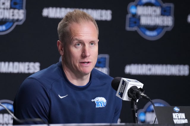 Mar 26, 2025; Newark, NJ, USA;  Brigham Young Cougars head coach Kevin Young talks to the media at the Prudential Center. Mandatory Credit: Robert Deutsch-Imagn Images