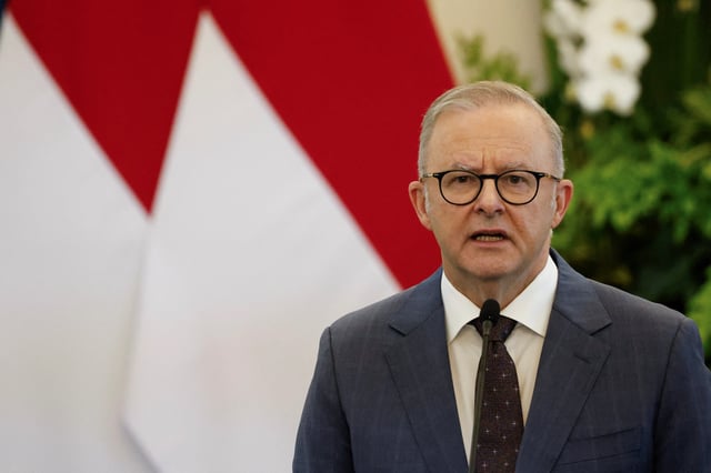 Australia's Prime Minister Anthony Albanese speaks during a press conference with Indonesian President Prabowo Subianto (not pictured) at the Merdeka Palace in Jakarta, Indonesia May 15, 2025. REUTERS/Ajeng Dinar Ulfiana/File Photo