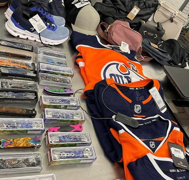 Stolen brand name clothes with tags still attached found by police at a convenience store 106 Avenue and 97 Street in central Edmonton.