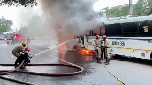 Two buses and a car caught fire in Janakpuri. No injuries were reported in this incident. (ANI)