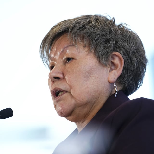 Modern Treaty partner Eva Clayton, president, Nisga'a Nation, speaks during an announcement in Ottawa, Tuesday, Feb. 28, 2023. The Nisga'a Lisims Government says it began an out-of-court dispute resolution process in 2019 and has reached agreements regarding the interpretation and application of its treaty. THE CANADIAN PRESS/Sean Kilpatrick