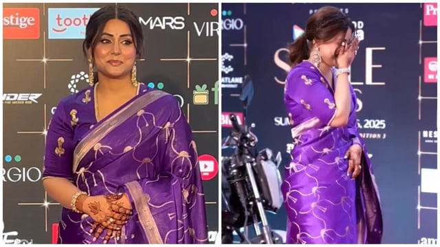 Hina Khan arrives at Style Icon Awards in a purple saree. 