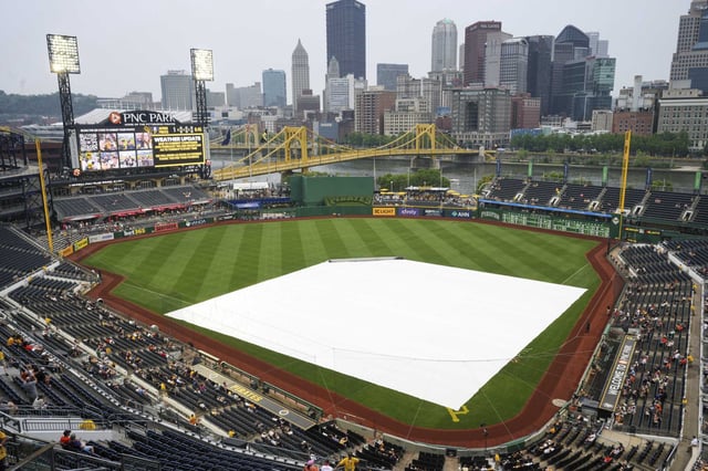 The baseball game between the Pittsburgh Pirates and the Houston Astros at PNC Park in Pittsburgh, Thursday, June 5, 2025 is delayed due to rain. (AP Photo/Gene J. Puskar)