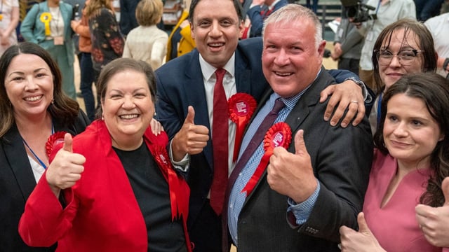 Scottish Labour Party’s Davy Russell (centre, right) celebrates with leader Anas Sarwar (centre) and deputy leader Jackie Baillie (left, centre) after being declared winner for the Hamilton, Larkhall and Stonehouse by-election