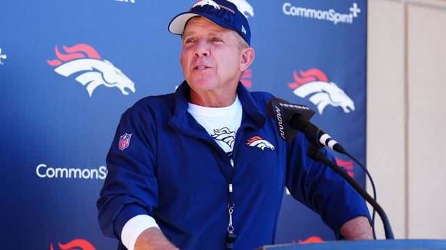 May 10, 2025; Englewood, CO, USA; Denver Broncos head coach Sean Payton speaks to the media following rookie minicamp at Broncos Park Powered by CommonSpirit.