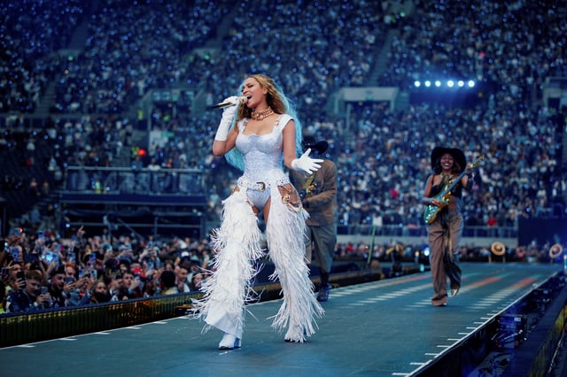 Beyonce performs at her European Cowboy Carter tour at Tottenham Hotspur Stadium, in London, Britain June 5, 2025. Parkwood Entertainment/Handout via REUTERS