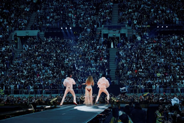 Beyonce performs at her European Cowboy Carter tour at Tottenham Hotspur Stadium, in London, Britain June 5, 2025. Parkwood Entertainment/Handout via REUTERS