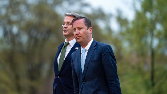 White House personnel director Sergio Gor, right, and Treasury Secretary Scott Bessent walk across the South Lawn in April. Photo: Bonnie Cash/UPI via Getty Images