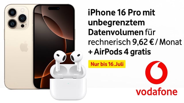Nur bis 16. Juli Top-Deal für unter 28: iPhone 16 Pro unbegrenztes Datenvolumen, 200 € Bonus & AirPods 4.