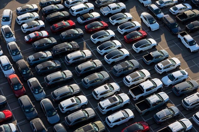New vehicles are parked at the National City Marine Terminal in California, a major port for vehicle imports and exports.