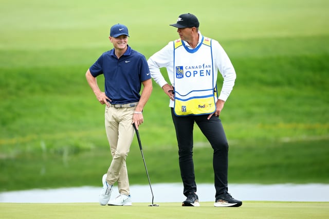 CALEDON, ONTARIO - JUNE 05: Luke Clanton of the United States looks on from the 18th green during the first round of the RBC Canadian Open 2025 at TPC Toronto at Osprey Valley on June 05, 2025 in Caledon, Ontario.
