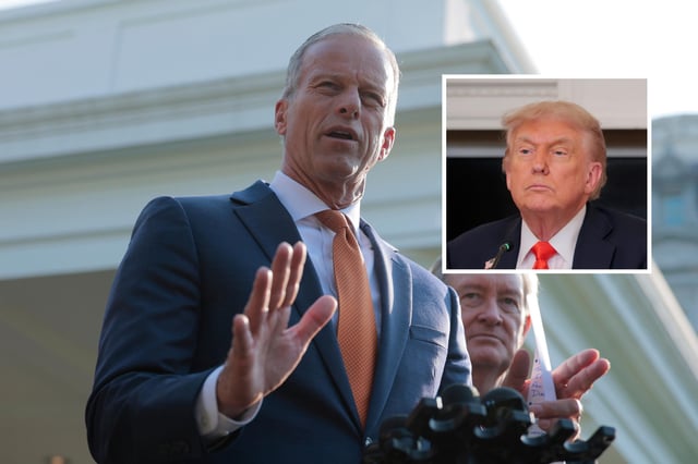 INSET: President Donald Trump at a roundtable in the State Dining Room at the White House on June 05, 2025 in Washington, DC. // U.S. Senate Majority Leader Sen. John Thune (R-SD) speaks to reporters outside of the West Wing of the White House on June 04, 2025 in Washington, DC.