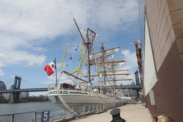 The Mexican Navy tall ship known as the Cuauhtémoc is docked at a pier on the Lower East Side on May 18, 2025.