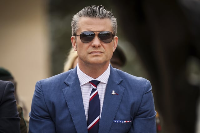 U.S. Defense Secretary Pete Hegseth attends a ceremony at the US cemetery to commemorate the 81st anniversary of the D-Day landings, Friday, June 6, 2025 in Colleville-sur-Mer, Normandy. (AP Photo/Thomas Padilla)