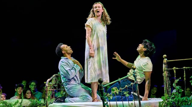 Paul Adeyefa as Demetrius, Lily Simpkiss as Helena and Divesh Subaskaran as Lysander