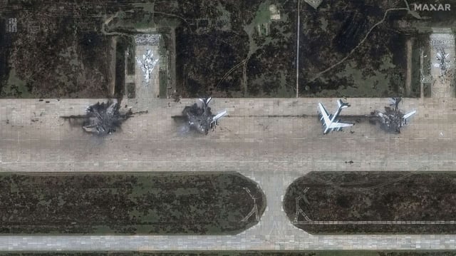 Russian bombers damaged by a Ukrainian drone attack as part of Operation Spiderweb are seen at the Belaya Air Base in the Irkutsk region of eastern Siberia, Russia, June 4, 2025 (satellite image by Maxar Technologies via AP).