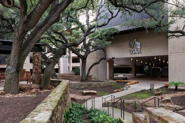The entrance to USAA’s corporate office in San Antonio. The company has been sued over the California wildfires.