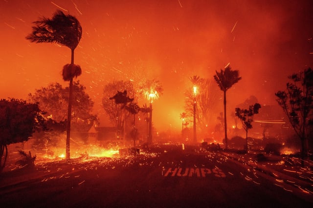 Four California couples have sued USAA over the January wildfires. Shown is the Palisades Fire, which ravaged a neighborhood in the Pacific Palisades neighborhood of Los Angeles.