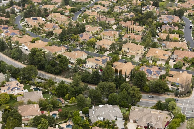 In an aerial view, single-family homes on April 18, 2025, in Thousand Oaks, California.