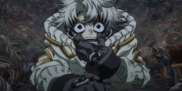 'Gachiakuta' anime image shows protagonist Rudo looking scared at something off-screen.