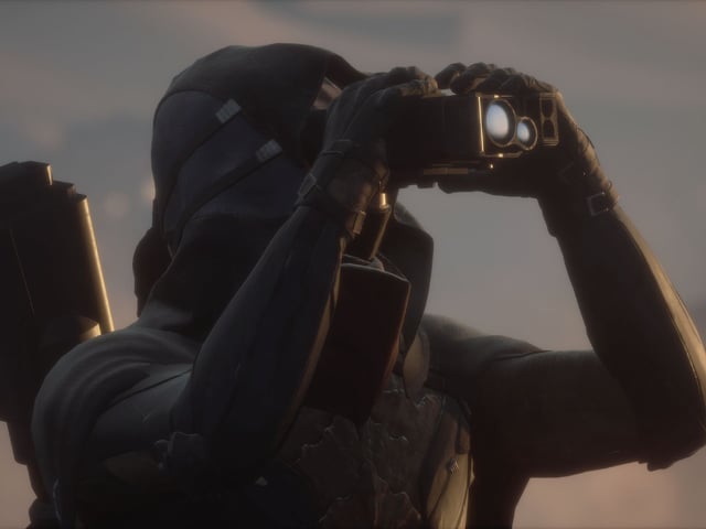 Dune: Awakening blood purifiers - A character wearing a Stillsuit and looking through binoculars. 