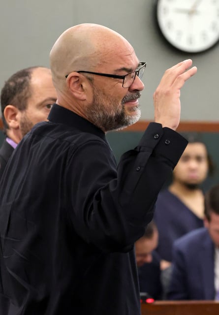 Aaron Goodwin is sworn in before reading a victim impact statement on June 5, 2025, in Las Vegas.