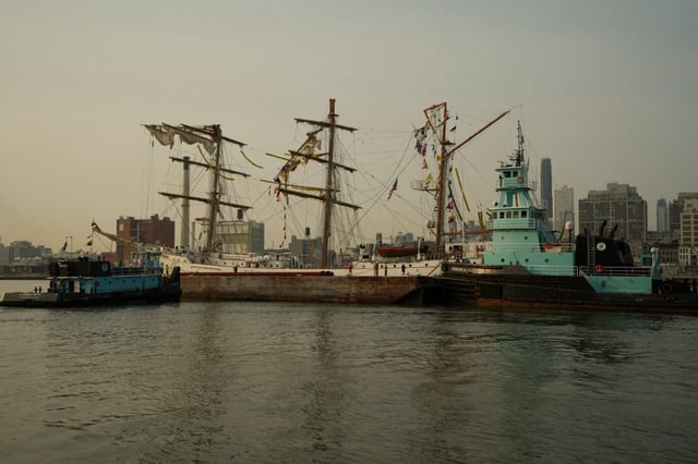 The Cuauhtémoc, a Mexican naval vessel which struck the Brooklyn Bridge in May, is seen at the Brooklyn Navy Yard, where it will be repaired, officials said. (NYC Emergency Management)