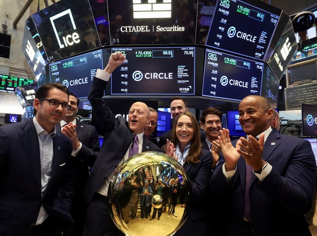 Jeremy Allaire, CEO and co-founder of Circle Internet Group, the issuer of one of the world's biggest stablecoins, reacts to the price of first trade, on the day of the company's IPO, at the New York Stock Exchange (NYSE), in New York City, U.S., June 5, 2025.  REUTERS/Brendan McDermid/File Photo