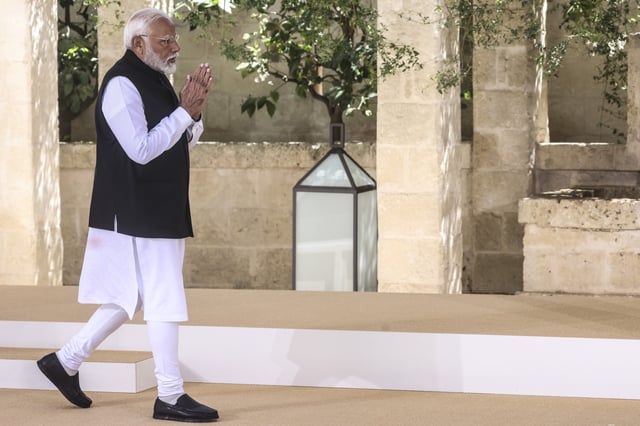 President of India Narendra Damodardas Modi is welcomed by Italy&#39;s Prime Minister Giorgia Meloni on day two of the 50th G7 summit at Borgo Egnazia on June 14, 2024 in Fasano, Italy