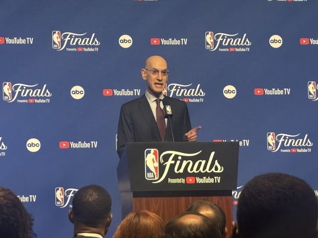 NBA Commissioner speaks at a press conference prior to Game 1 of the 2025 NBA Finals at the Paycom Center in Oklahoma City // Ben Huddleston, Sports Media Watch