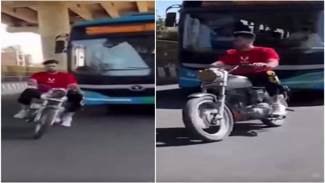 Man performs stunt in front of DTC bus, booked for erratic driving.  | Image: X/Screengrab 