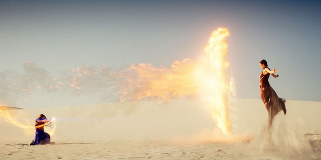 Rosamund Pike fighting Natasha O'Keeffe in The Wheel of Time Season 3 finale