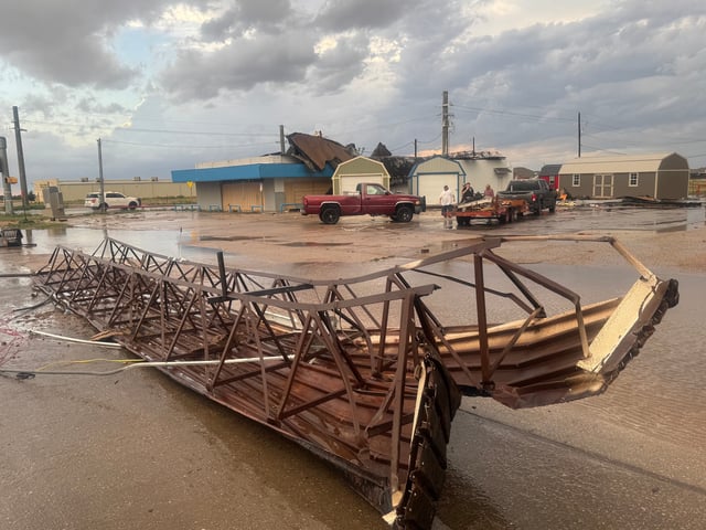 High winds from the June 5 West Texas severe storm damaged the old gas station at 19th Street and FM 179 in Lubbock County, Texas.