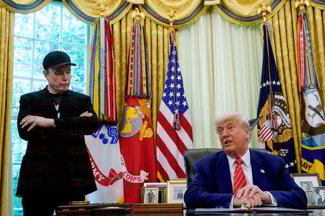 FILE PHOTO: U.S. President Donald Trump and Elon Musk attend a press conference in the Oval Office of the White House in Washington, D.C., U.S., May 30, 2025. REUTERS/Nathan Howard/File Photo