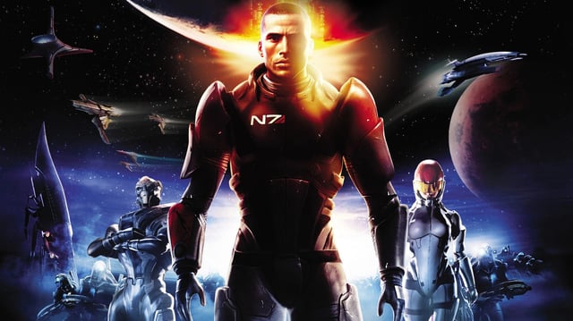 Key art for Mass Effect shows Commander Shepard and his allies against a space backdrop