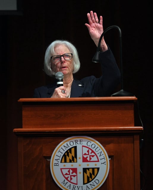 Baltimore County Executive Katherine Klausmeier attends a town hall meeting at CCBC Catonsville. (Kenneth K. Lam/Staff)