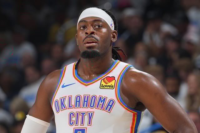 Luguentz Dort of the Oklahoma City Thunder looks on during the game against the Indiana Pacers during Game One of the 2025 NBA Finals on June 5, 2025 at Paycom Center in Oklahoma City, Oklahoma. 