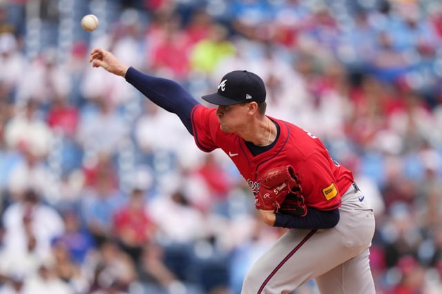 Atlanta Braves’ Scott Blewett pitches during the fourth inning in the first baseball game of a doubleheader against the Philadelphia Phillies Thursday, May 29, 2025, in Philadelphia. (AP Photo/Matt Slocum)