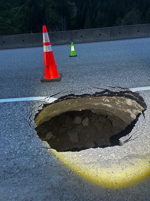 Sinkhole on the Coquihalla Highway south of the Great Bear Snowshed.