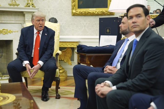 President Donald Trump, left, speaks during a meet withGermany's Chancellor Friedrich Merz, not pictured, as Secretary of State Marco Rubio, from right, and Vice President JD Vance listen in the Oval Office of the White House, Thursday, June 5, 2025, in Washington. (AP Photo/Evan Vucci)