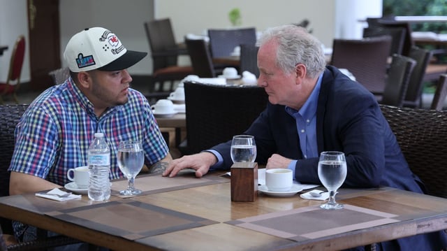 U.S. Sen. Chris Van Hollen (D-Md.) meets with Kilmar Armando Abrego Garcia (L) at an undisclosed location on April 17, 2025 in San Salvador, El Salvador. Photo by Sen. Van Hollen's Office via Getty Images