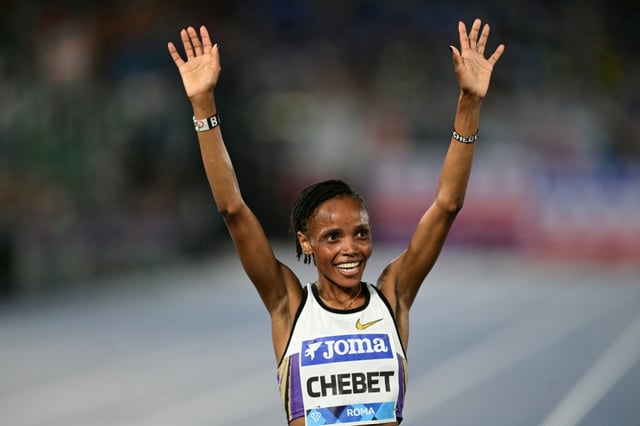 La Kényane Beatrice Chebet après sa victoire dans le 5.000 m du meeting de Rome, comptant pour la Ligue de diamant, le 6 juin 2025