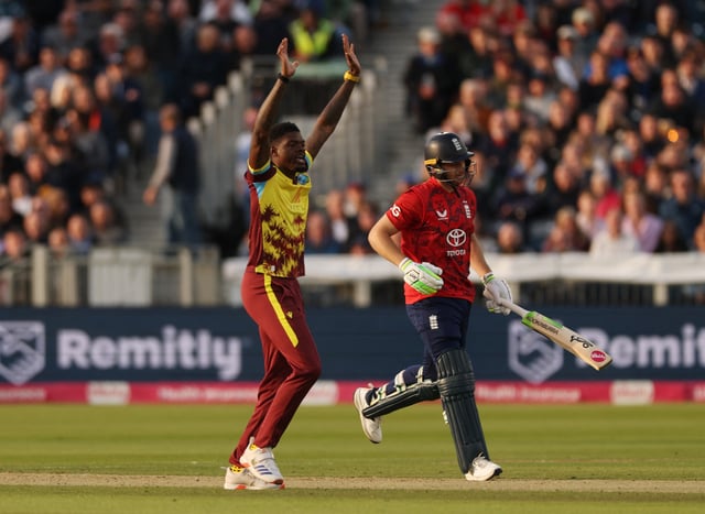 Cricket - First Twenty20 International - England v West Indies - Seat Unique Riverside, Durham, Britain - June 6, 2025 West Indies' Alzarri Joseph appeals for the wicket of England's Jos Buttler, given for LBW Action Images via Reuters/Lee Smith