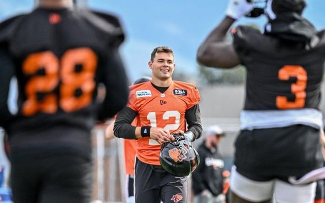 Nathan Rourke at B.C. Lions training camp at Hillside Stadium in Kamloops on May 11. Brian Johnson photo, B.C. Lions.