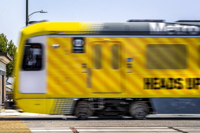 A metro train travels on the new K Line in Los Angeles in 2022.