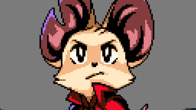 A mouse character from Mina the Hollower looks up in determination on a gray background